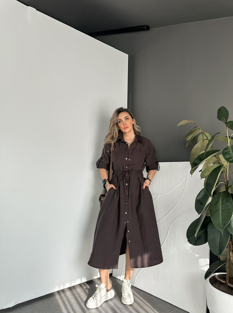 Kahve Zımbalı Beli İpli Tasarım Elbise
