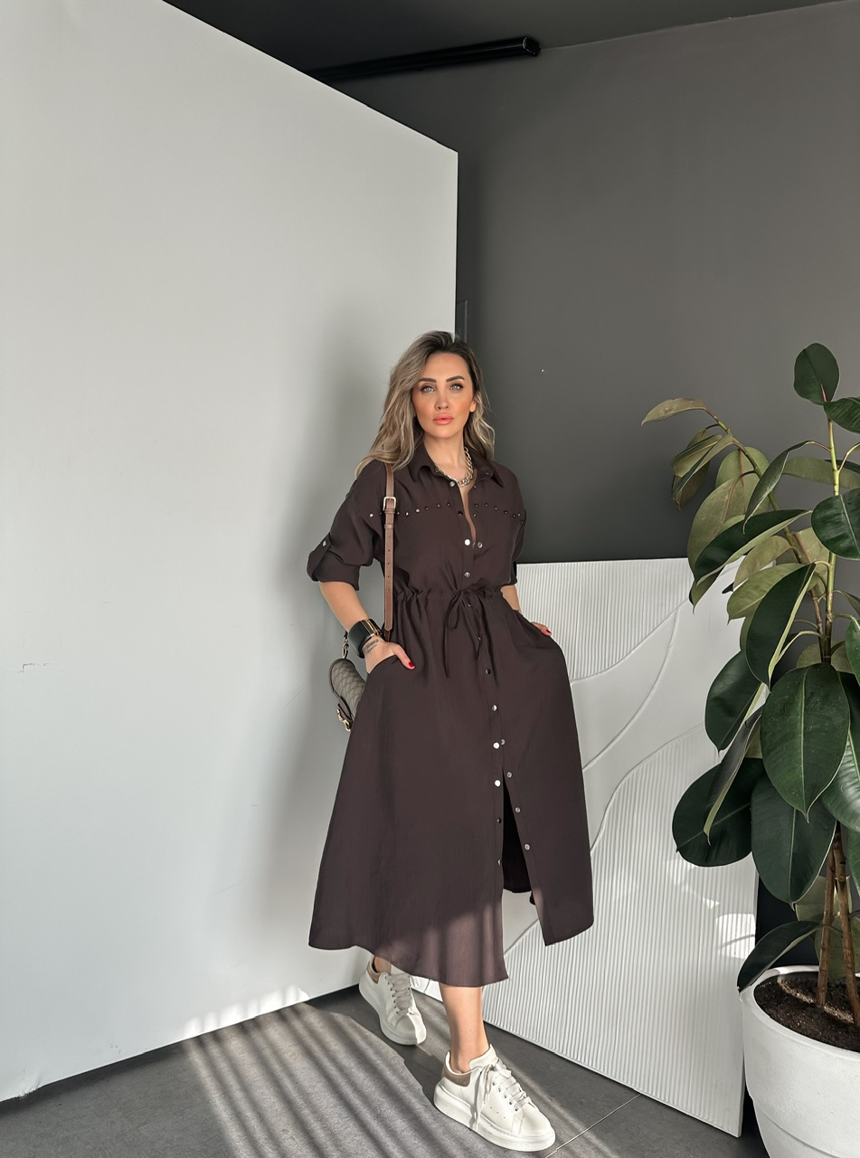 Kahve Zımbalı Beli İpli Tasarım Elbise