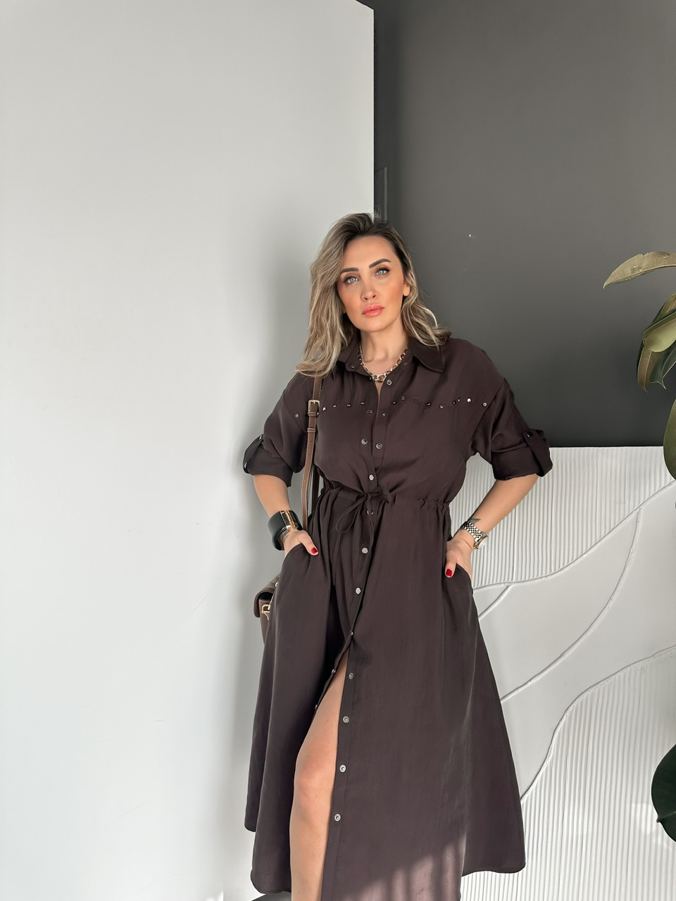 Kahve Zımbalı Beli İpli Tasarım Elbise
