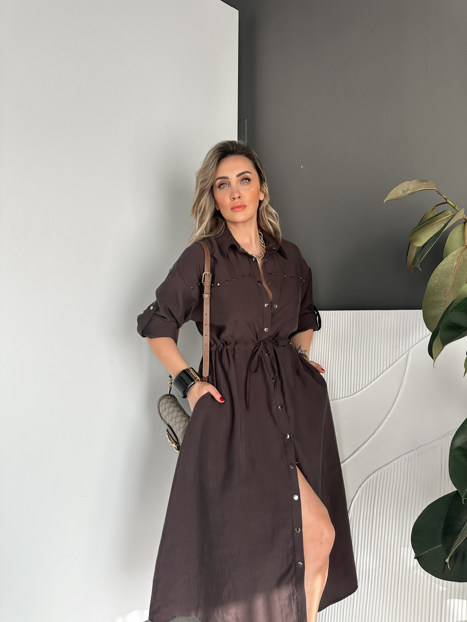 Kahve Zımbalı Beli İpli Tasarım Elbise