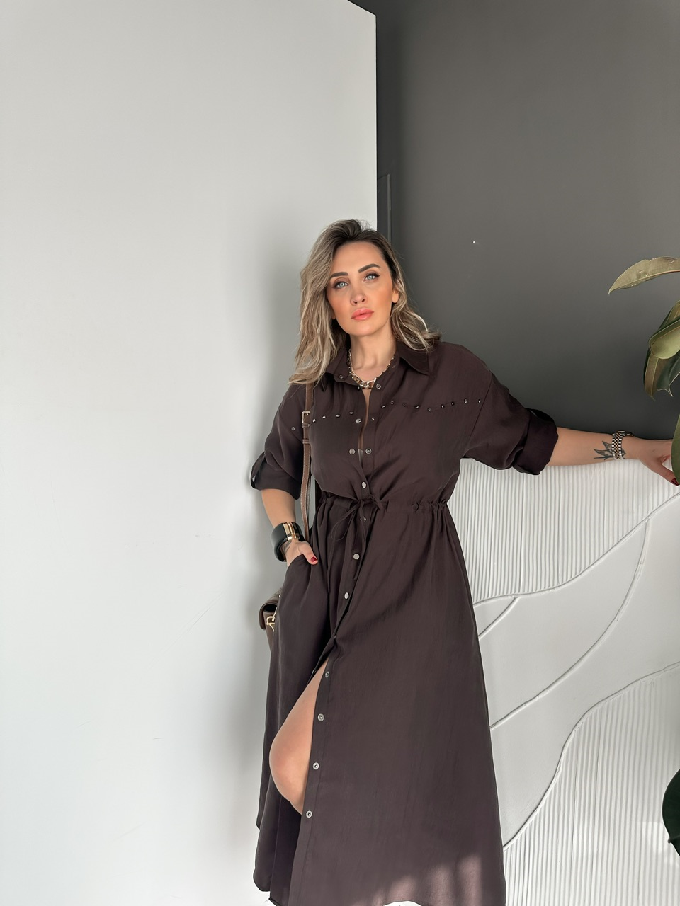 Kahve Zımbalı Beli İpli Tasarım Elbise