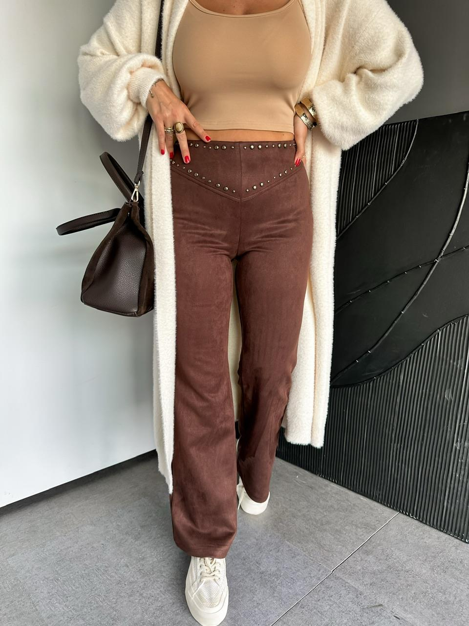 Kahve Zımbalı Süet Pantolon