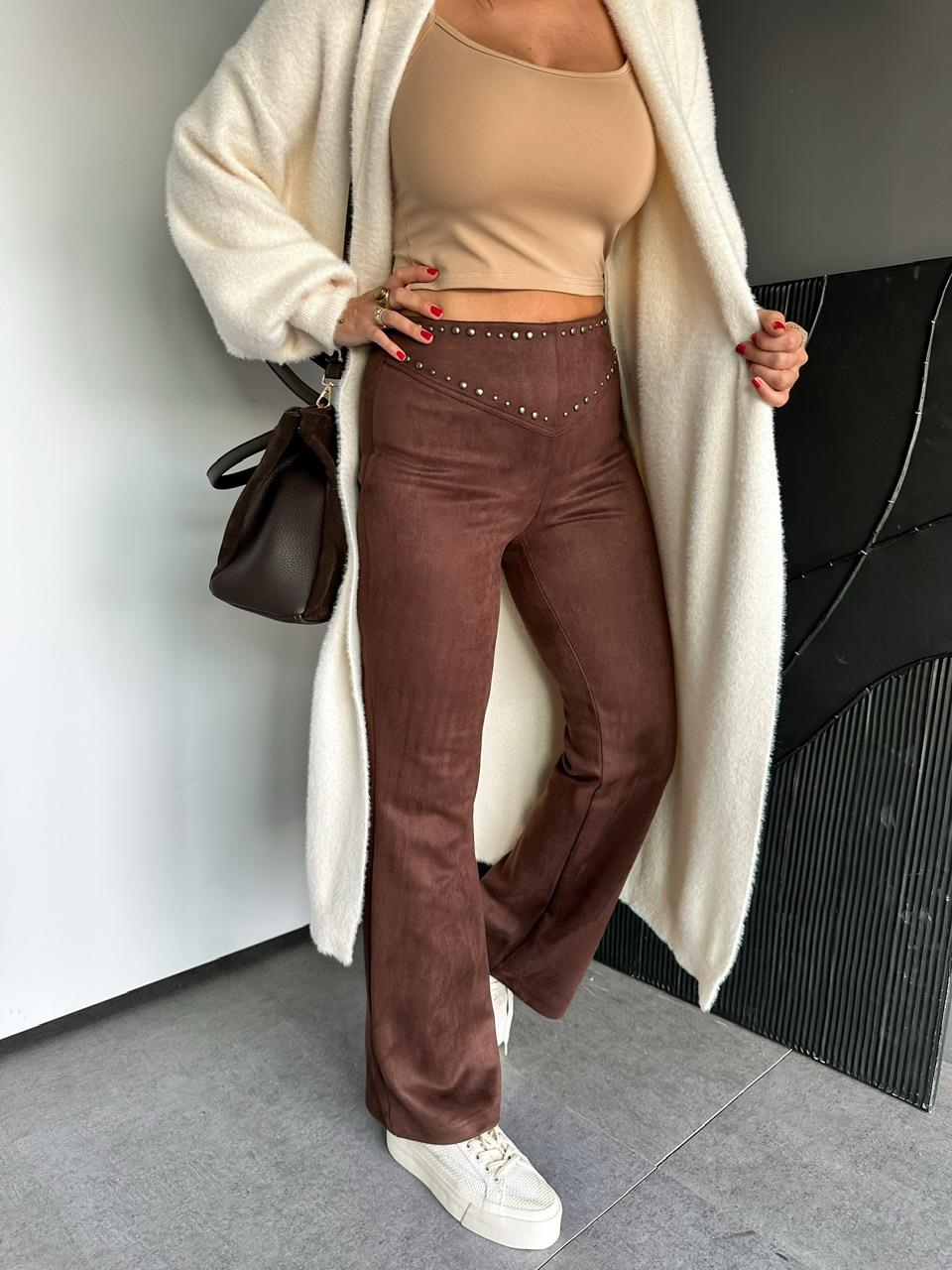 Kahve Zımbalı Süet Pantolon