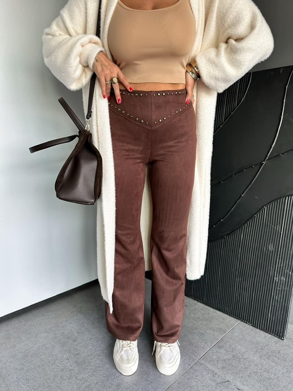Kahve Zımbalı Süet Pantolon