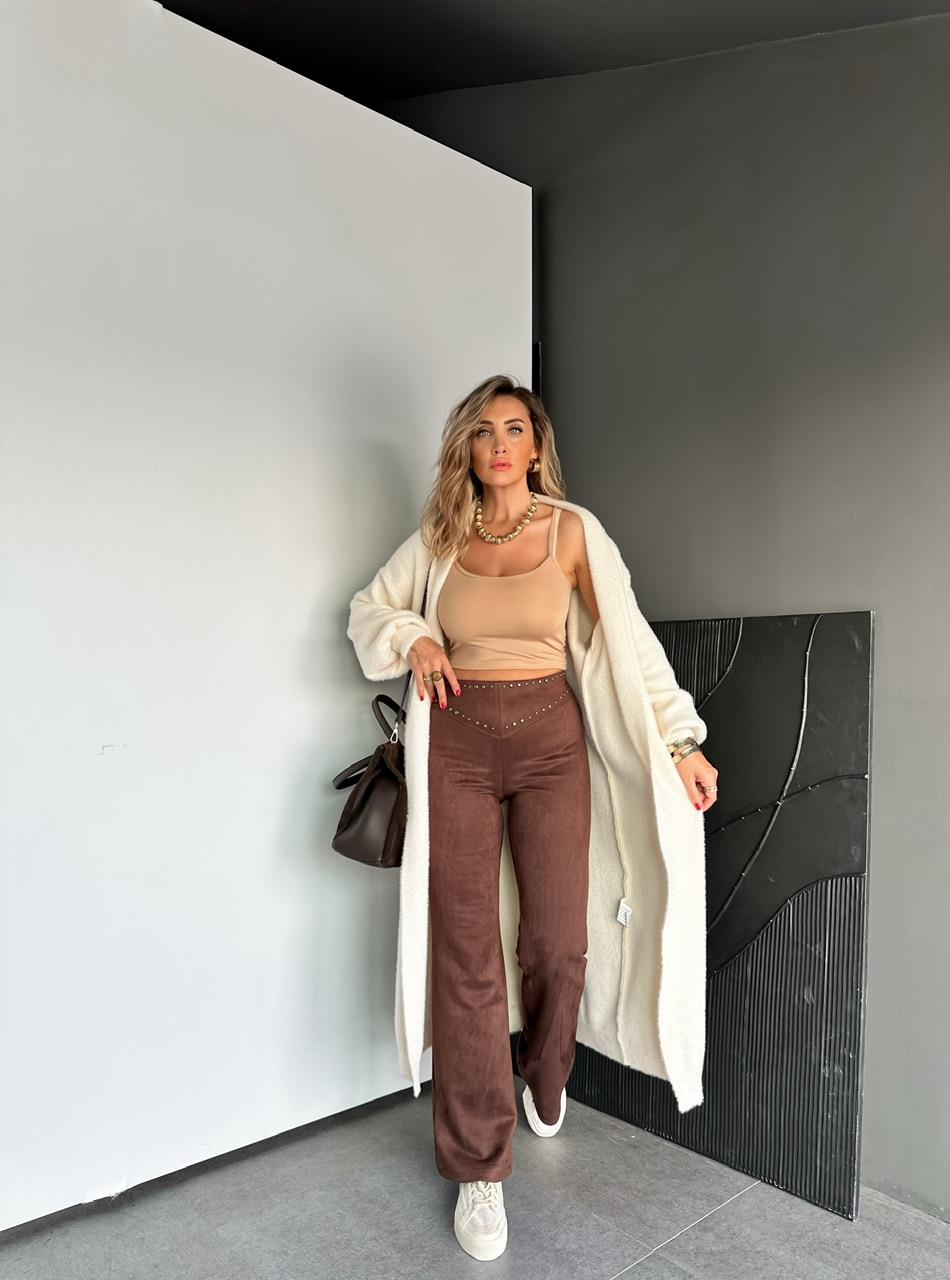 Kahve Zımbalı Süet Pantolon