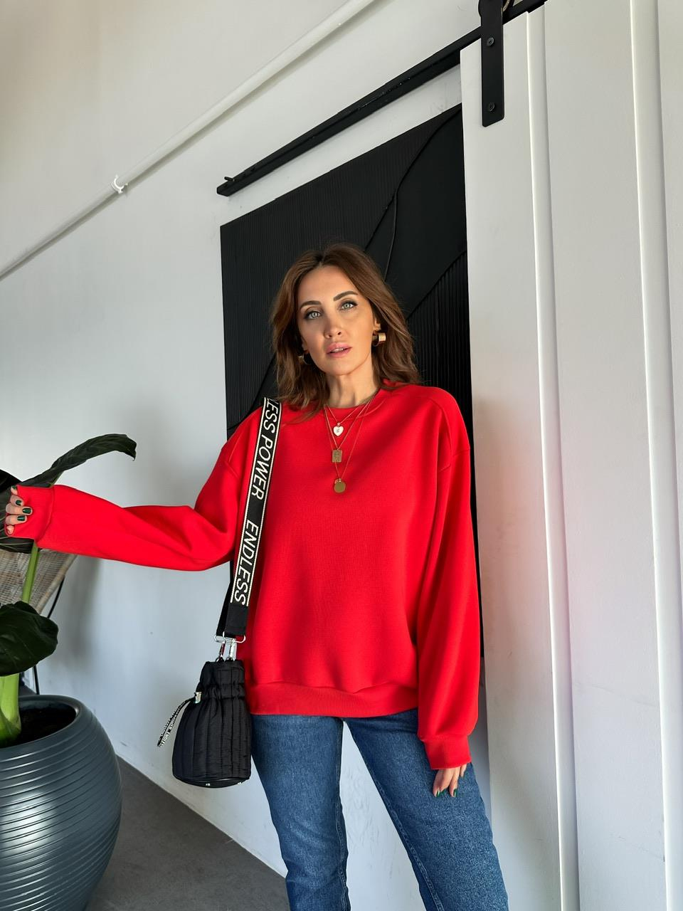 Kırmızı Bisiklet Yaka Cotton Sweatshirt
