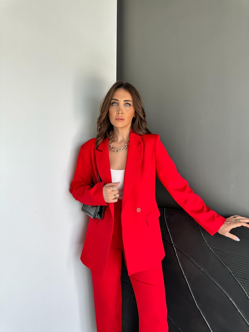 Kırmızı Ceket Pantolon Klasik Takım