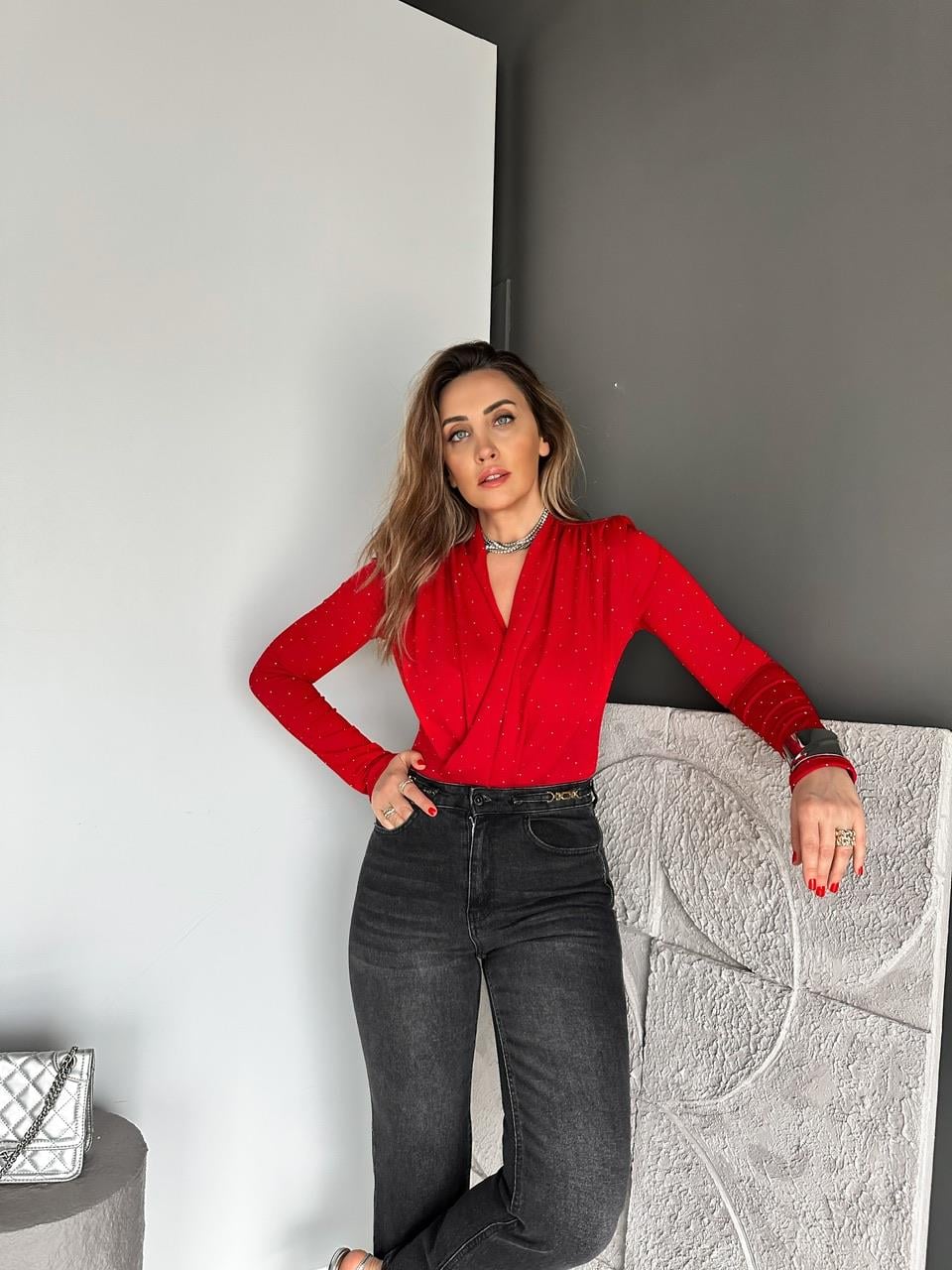 Kırmızı Degaje Taşlı Bodysuit