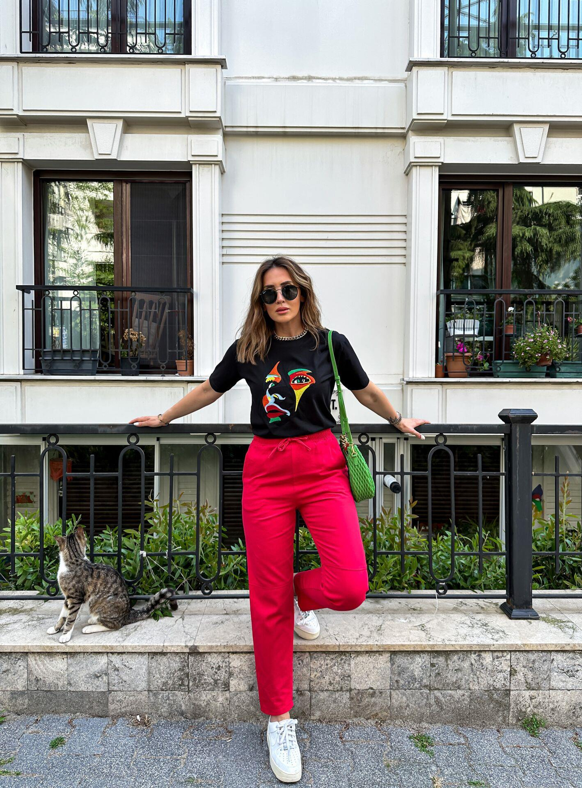 Kırmızı Gabardin Çımalı Pantolon