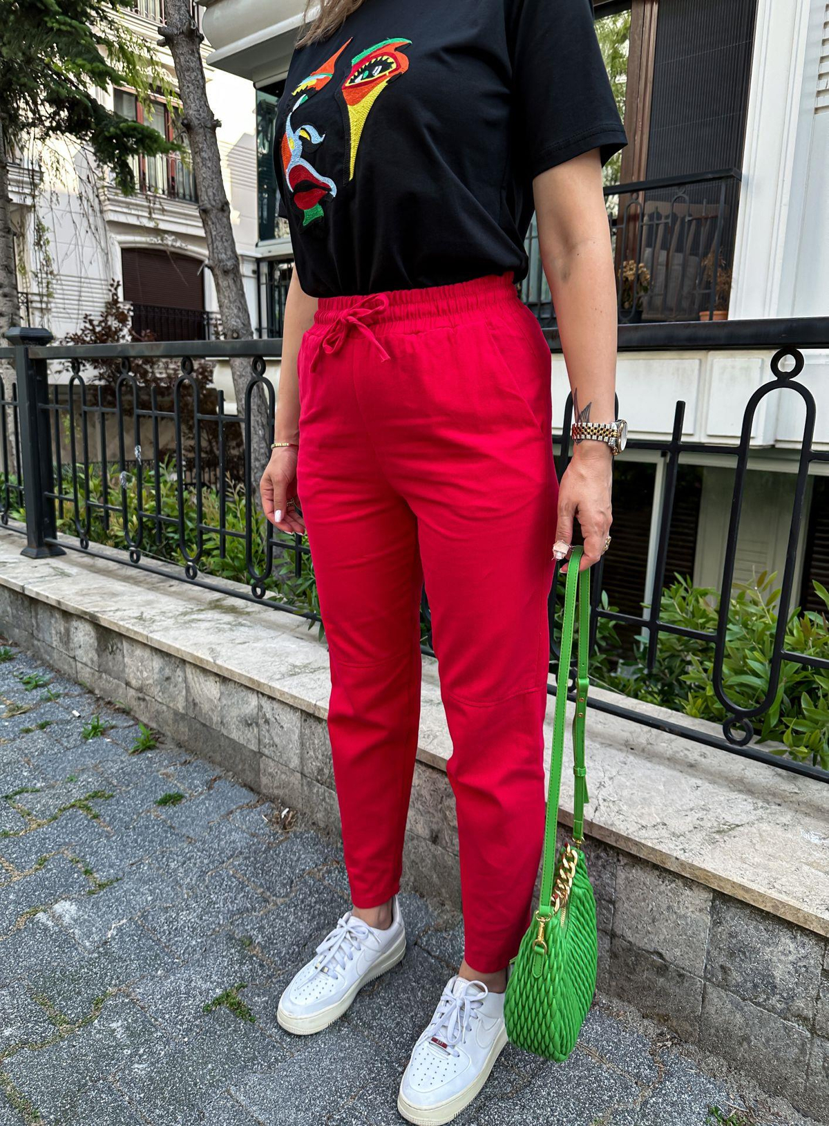 Kırmızı Gabardin Çımalı Pantolon
