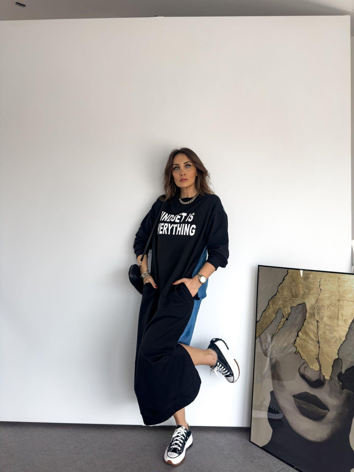 Kot Detaylı Yazılı Maxi Elbise