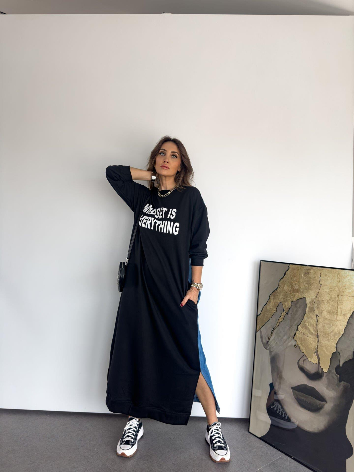 Kot Detaylı Yazılı Maxi Elbise