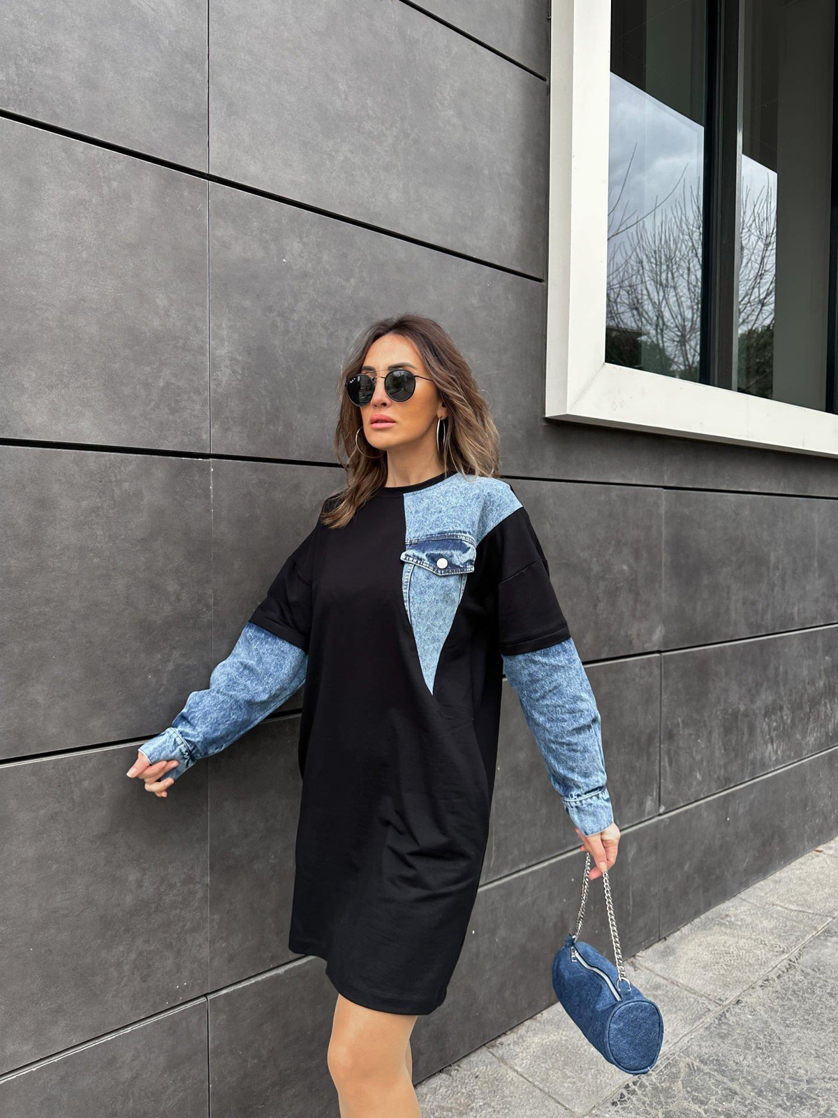 Kot Parçalı Cepli Sweat Elbise