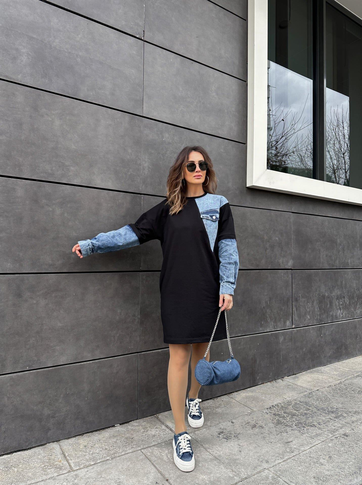 Kot Parçalı Cepli Sweat Elbise