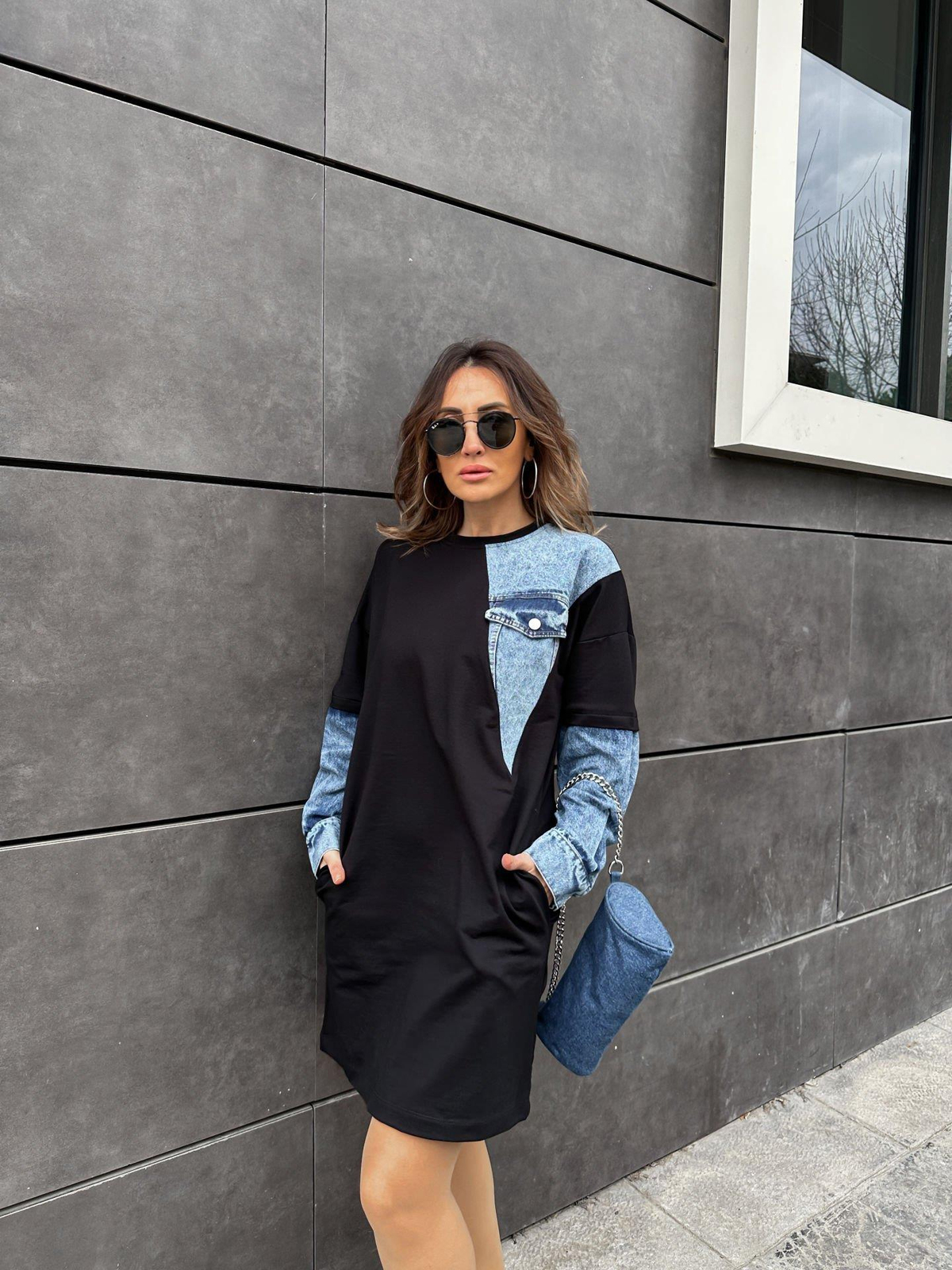 Kot Parçalı Cepli Sweat Elbise