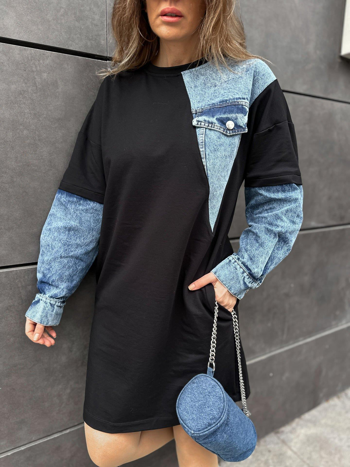 Kot Parçalı Cepli Sweat Elbise