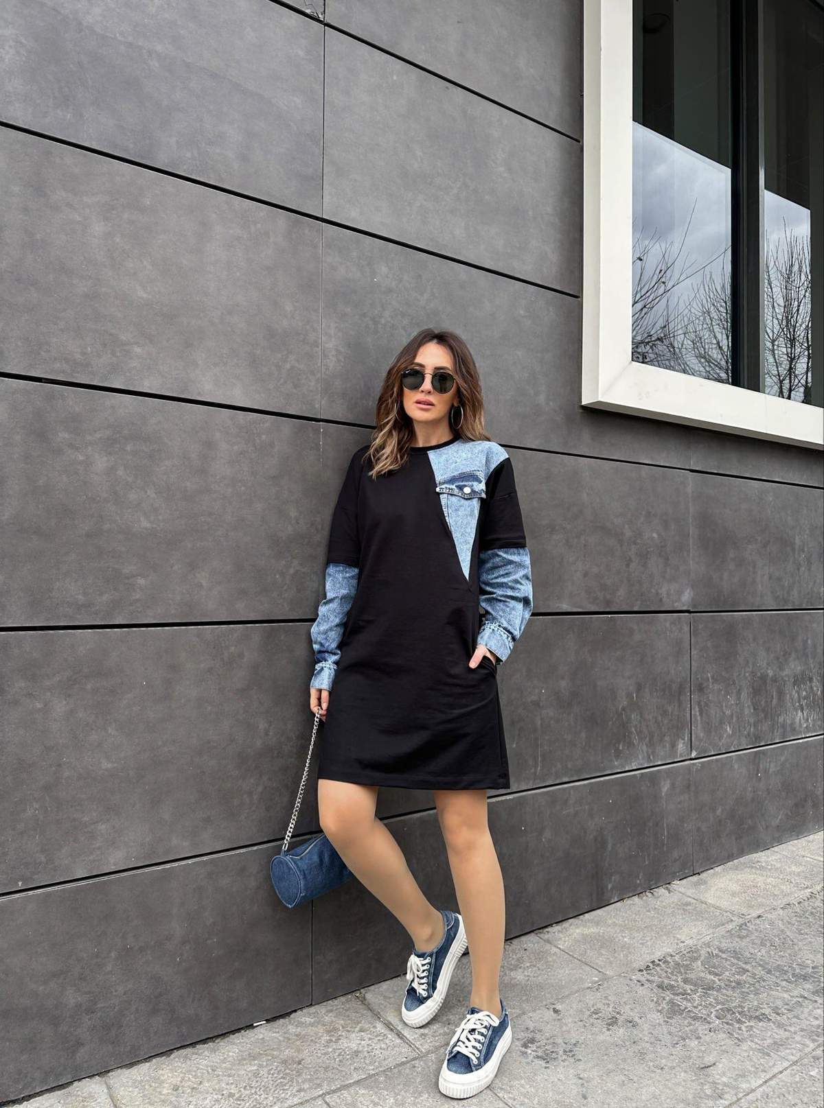 Kot Parçalı Cepli Sweat Elbise