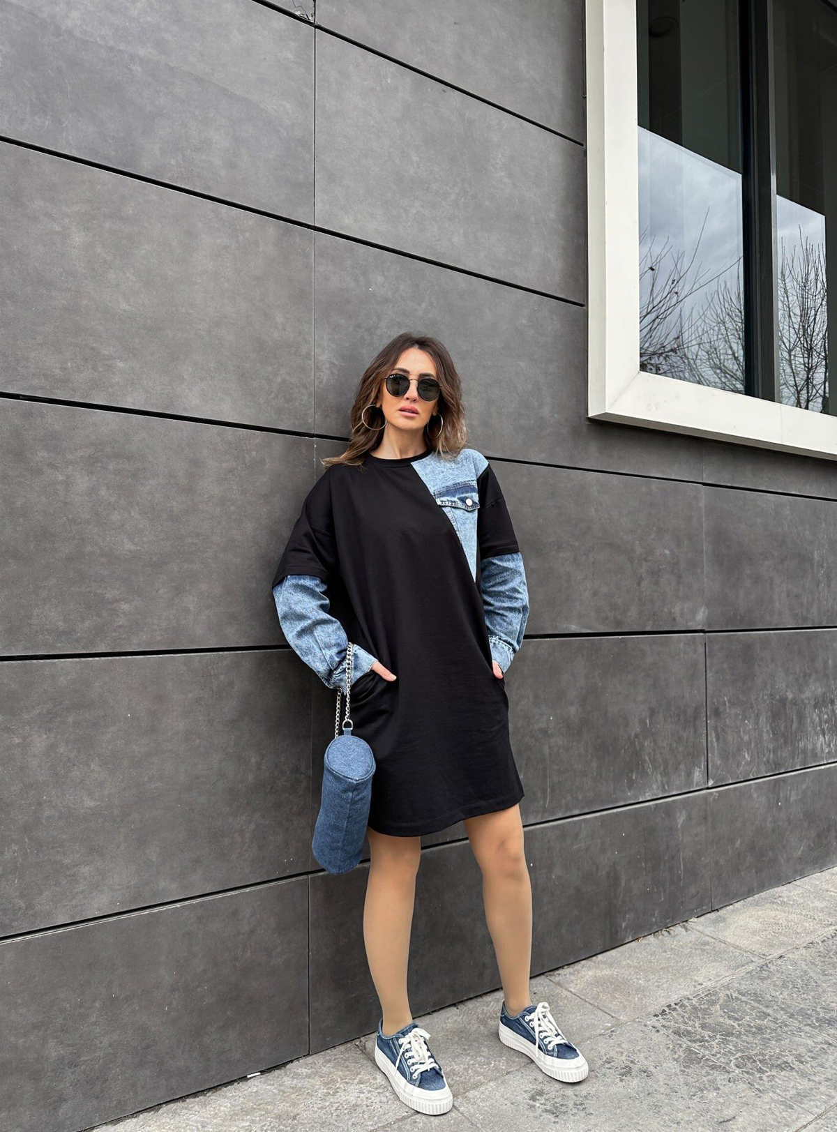 Kot Parçalı Cepli Sweat Elbise