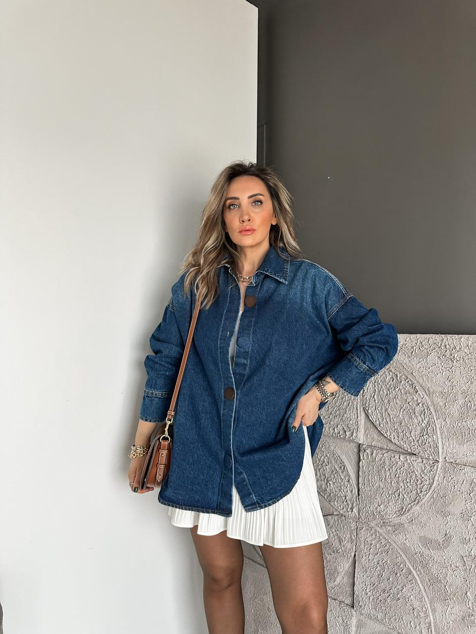Koyu Mavi Kaplama Düğmeli Oversize Kot Ceket