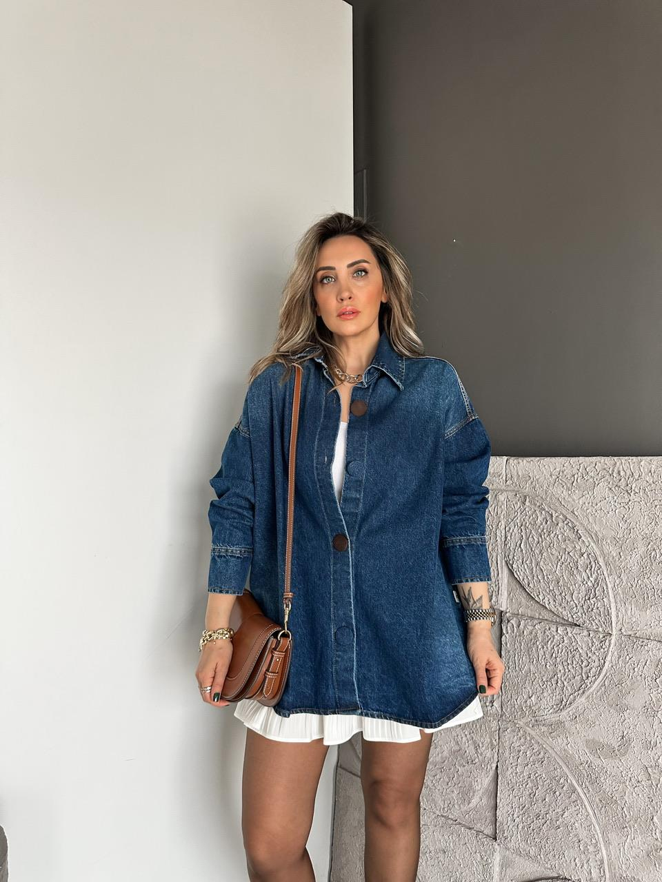 Koyu Mavi Kaplama Düğmeli Oversize Kot Ceket
