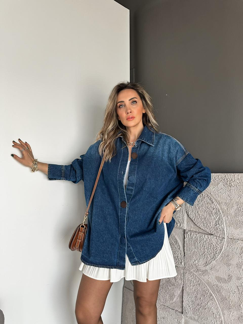 Koyu Mavi Kaplama Düğmeli Oversize Kot Ceket