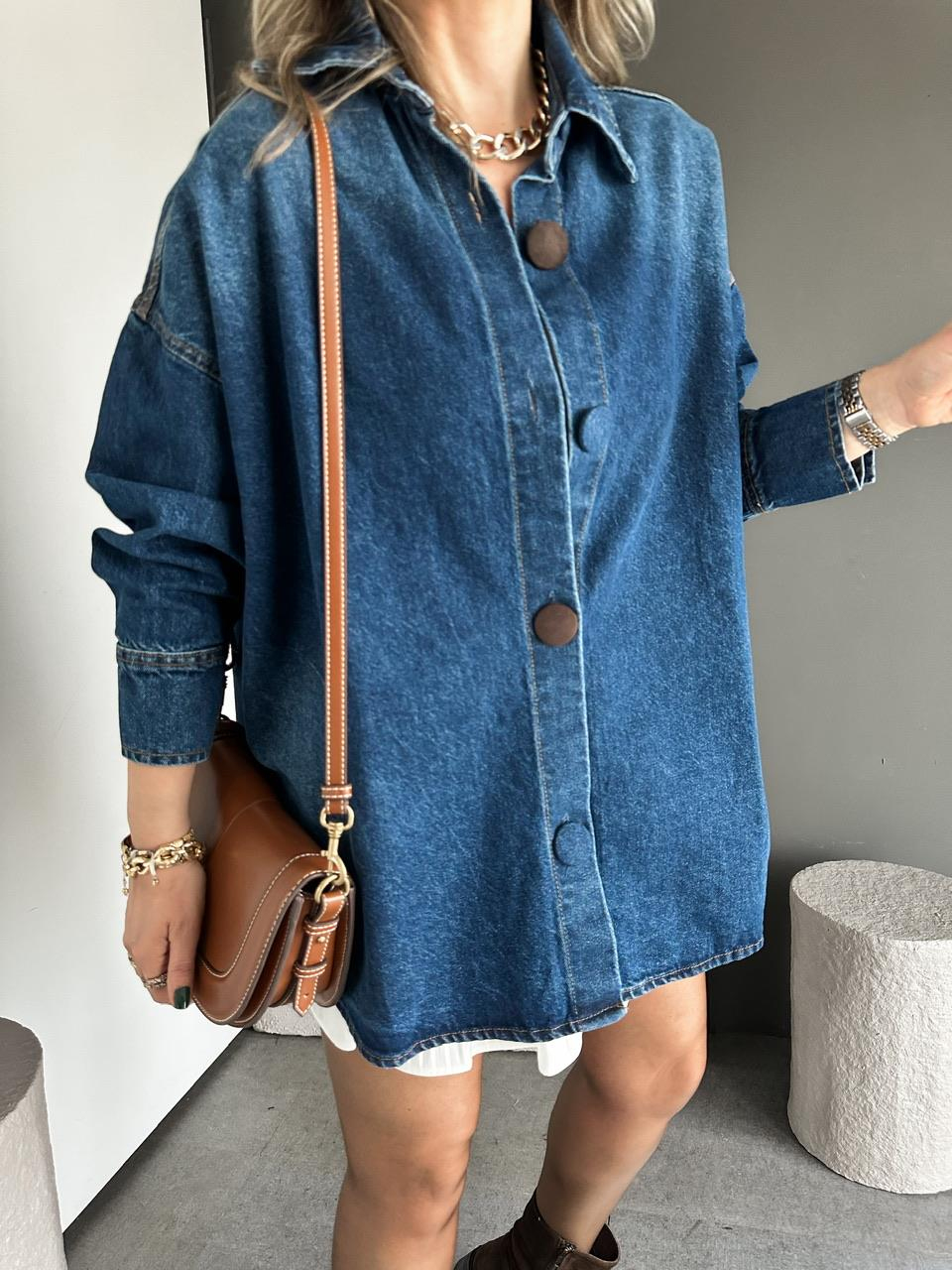 Koyu Mavi Kaplama Düğmeli Oversize Kot Ceket
