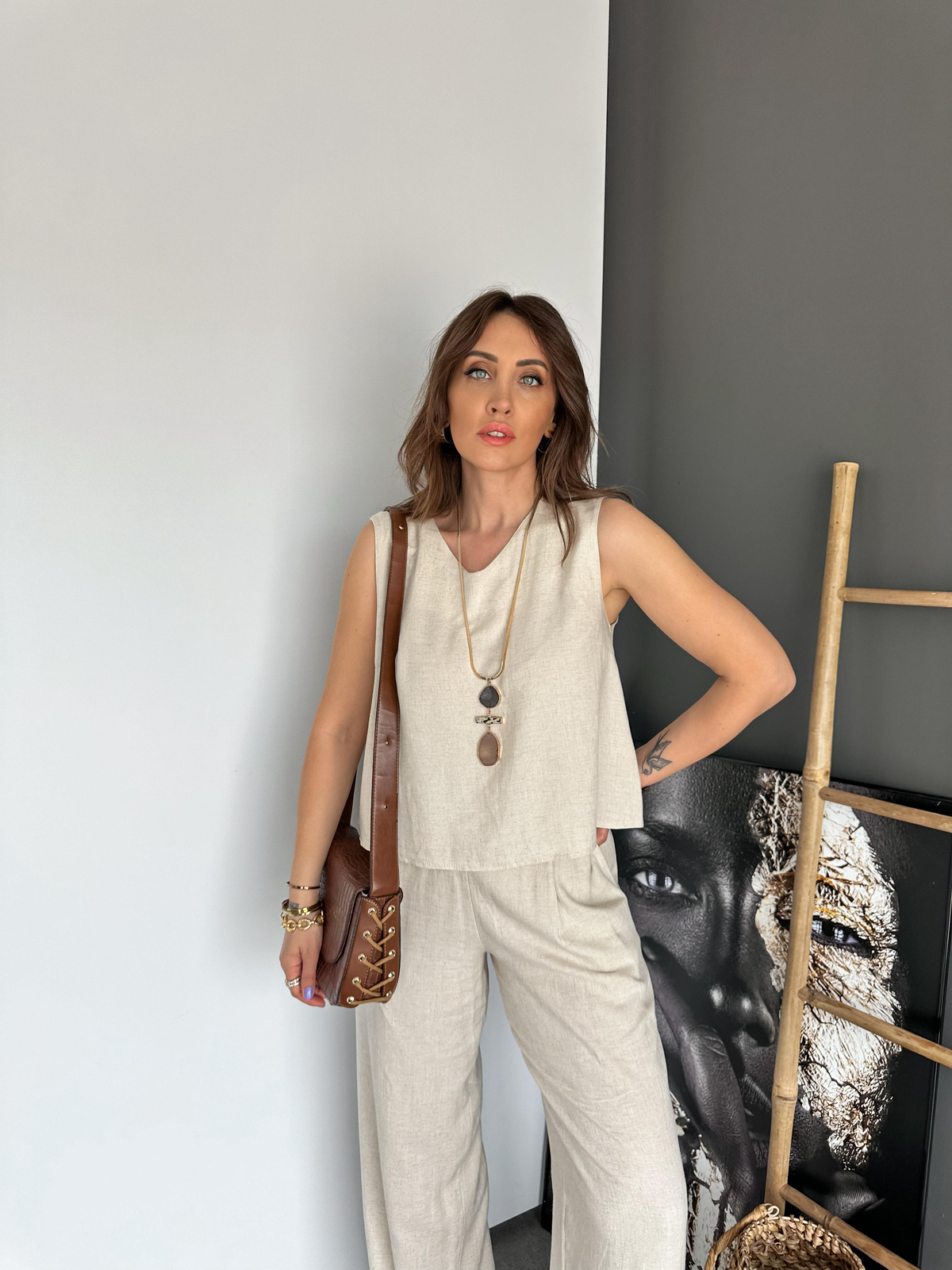 Krem Bluz Pantolon Keten Takım 