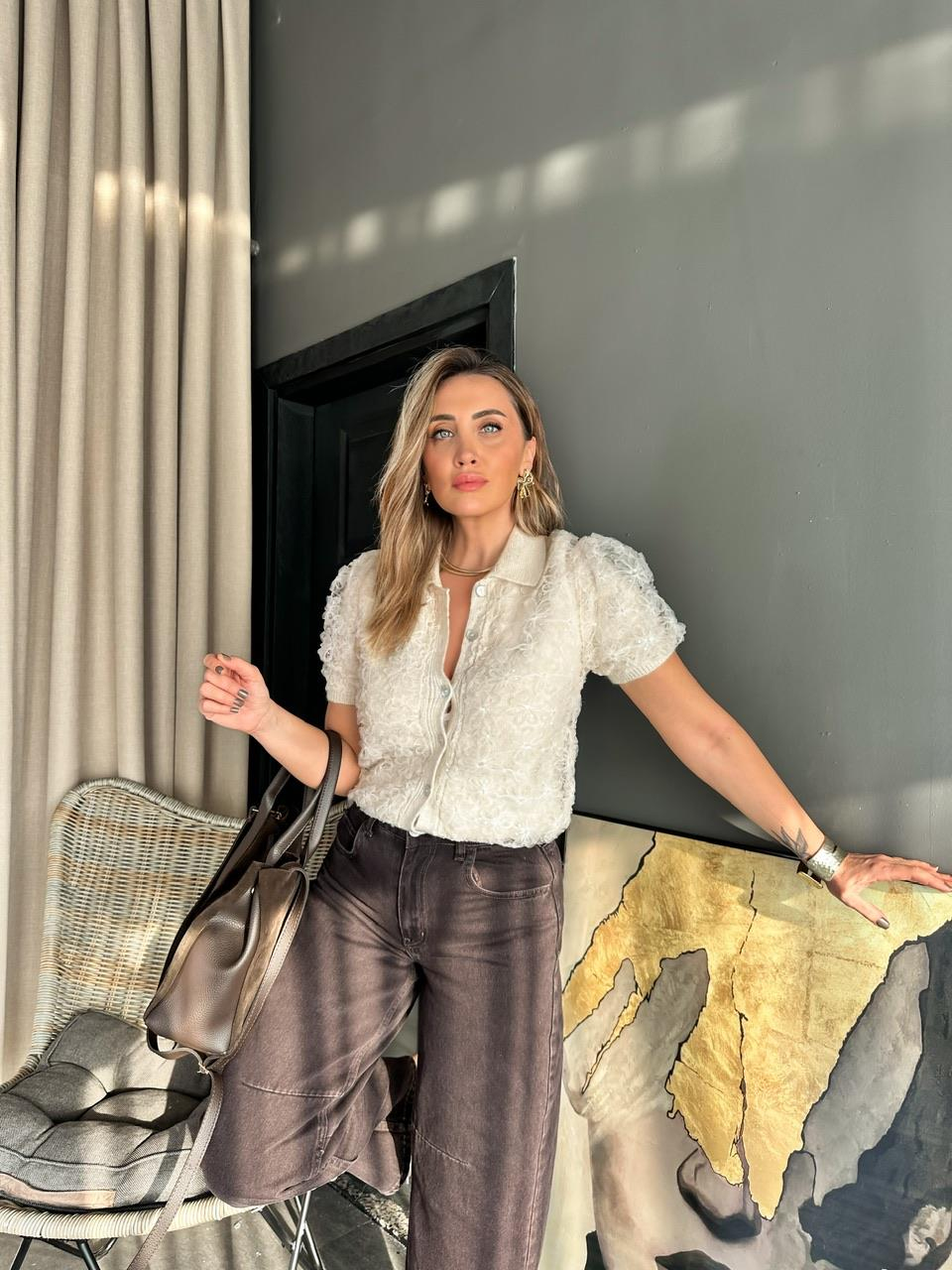 Krem Çiçekli Pullu Orijinal Hırka
