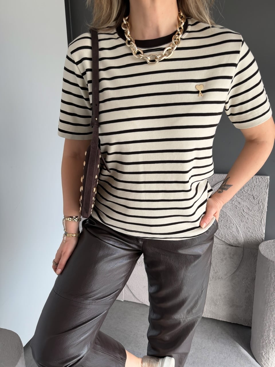 Krem Çizgili Cotton Ami Tshirt