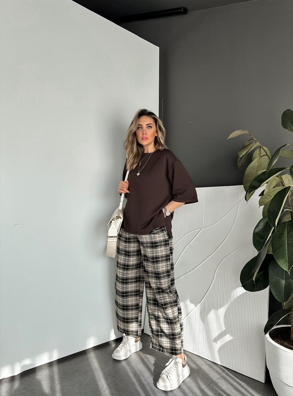 Krem Ekose Beli Lastikli Bol Pantolon