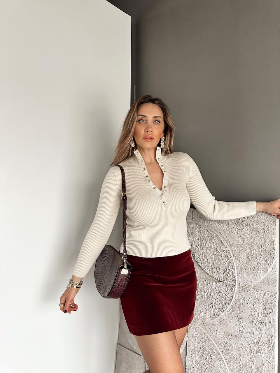 Krem Gold Çıtçıtlı Fitilli Kazak