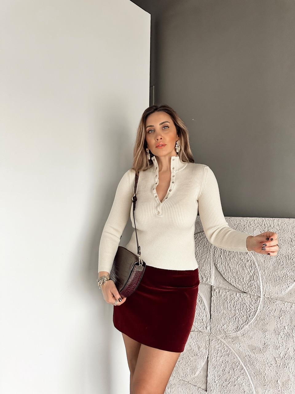Krem Gold Çıtçıtlı Fitilli Kazak