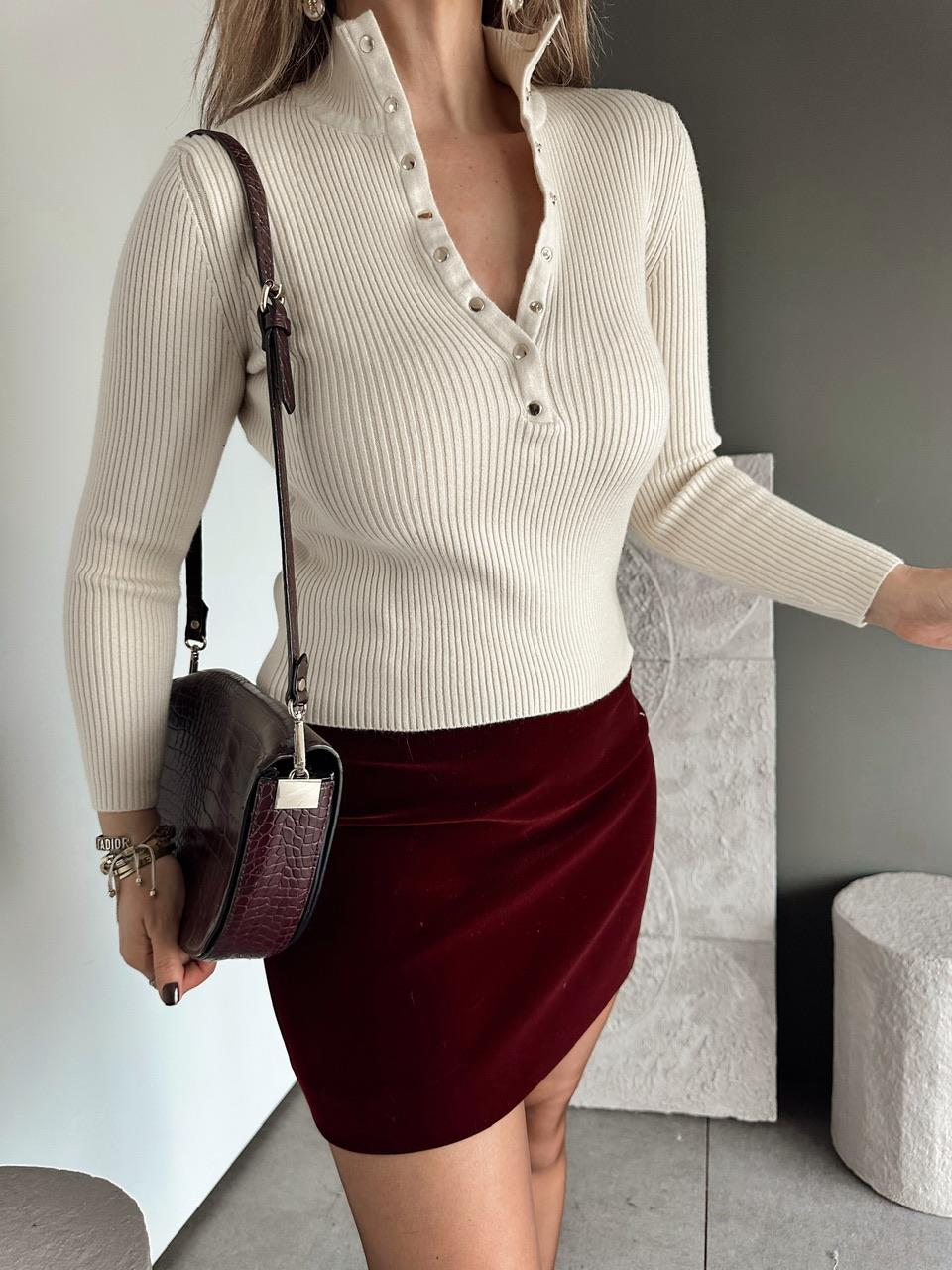 Krem Gold Çıtçıtlı Fitilli Kazak