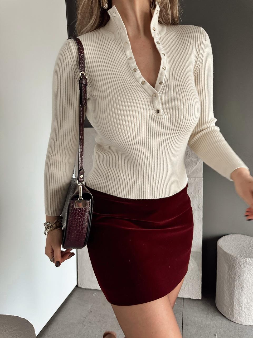 Krem Gold Çıtçıtlı Fitilli Kazak