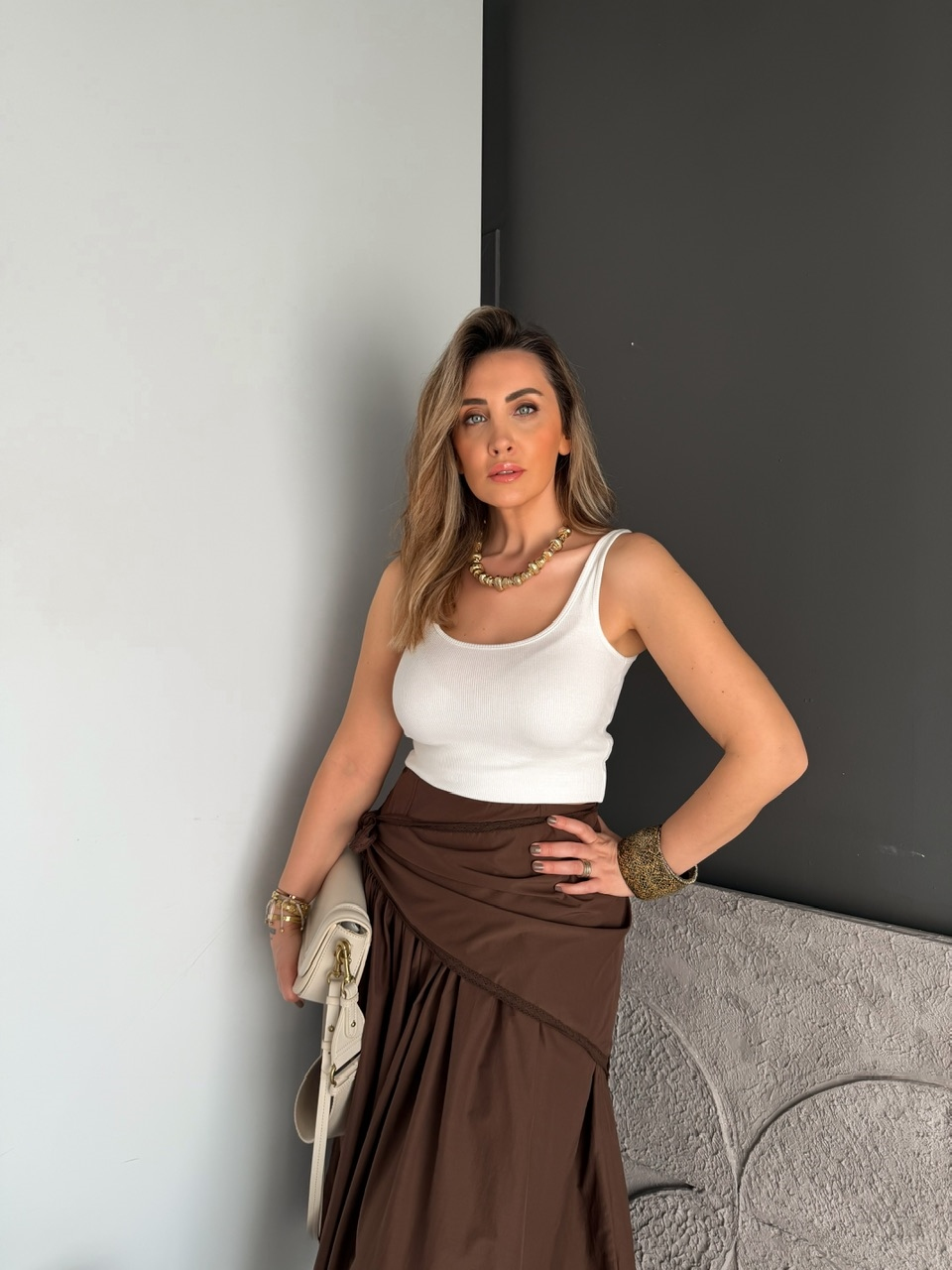 Krem İnce Askılı Biyeli Atlet