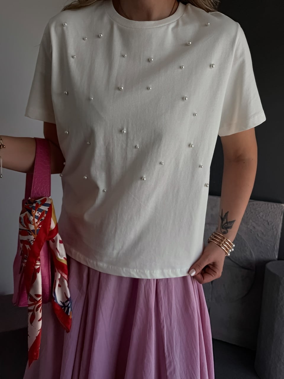 Krem İncili Orijinal Marka Tshirt