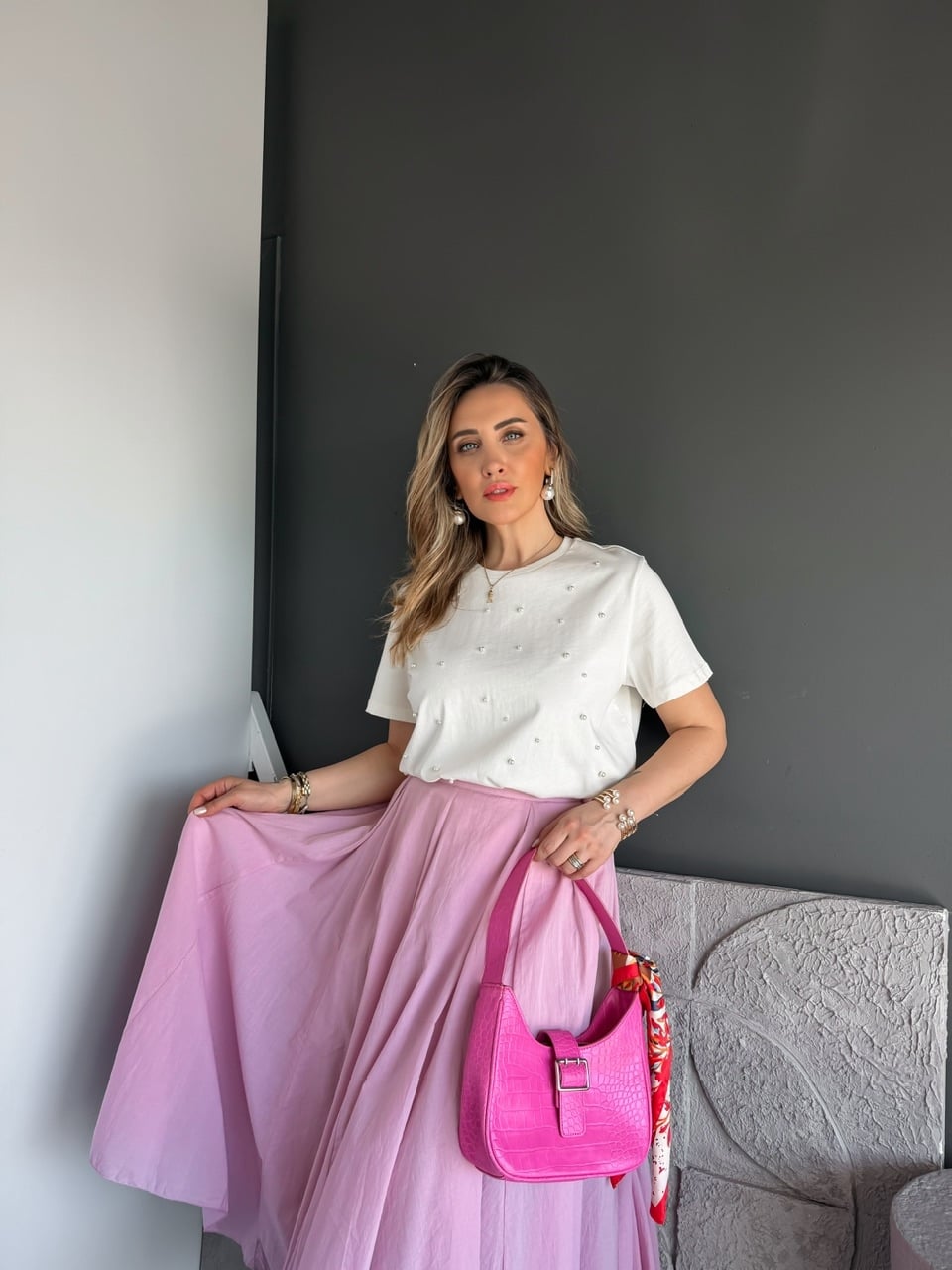 Krem İncili Orijinal Marka Tshirt