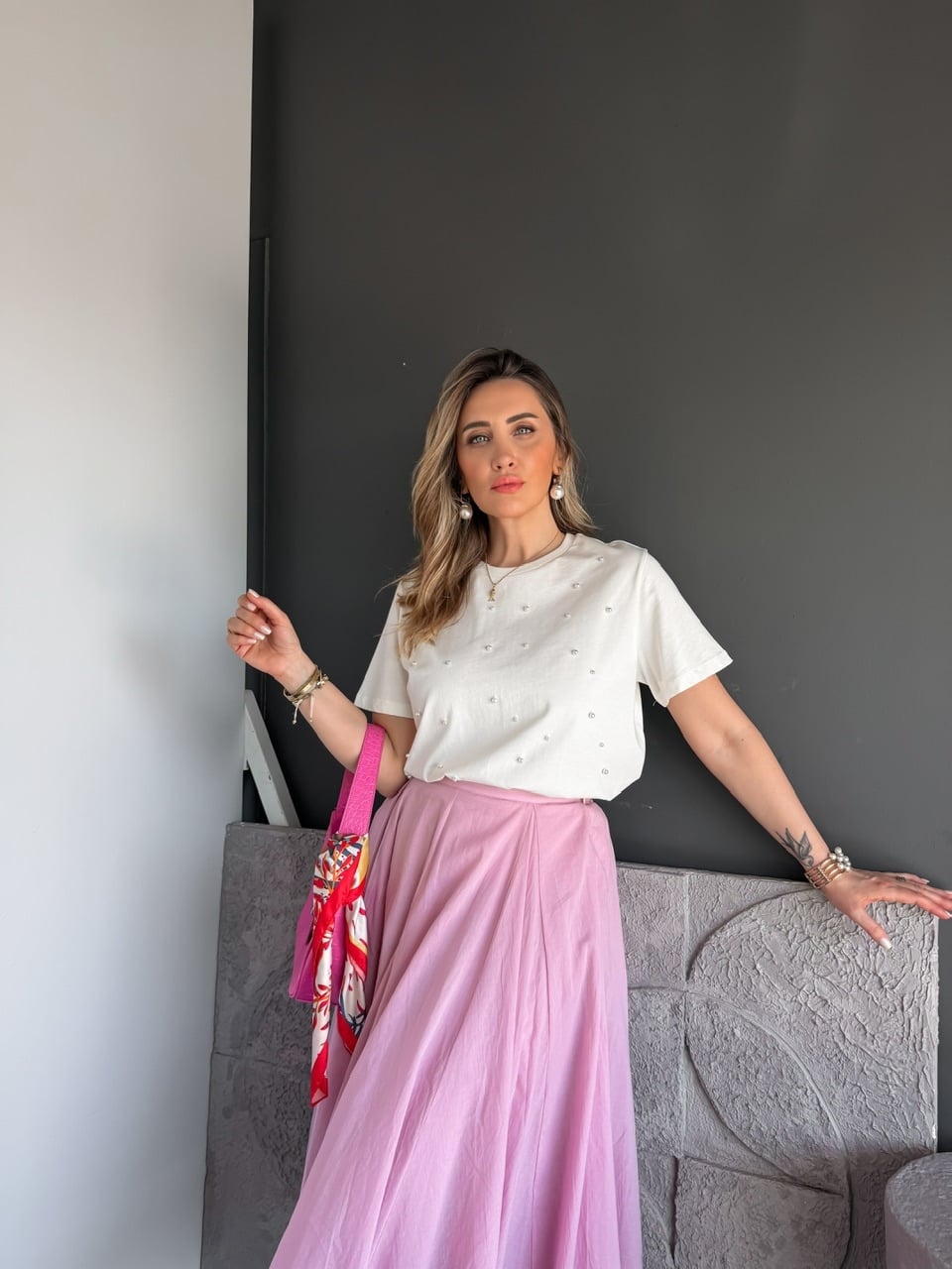 Krem İncili Orijinal Marka Tshirt