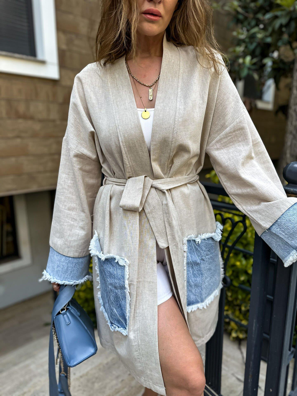 Krem Kot Cep Detaylı Kimono