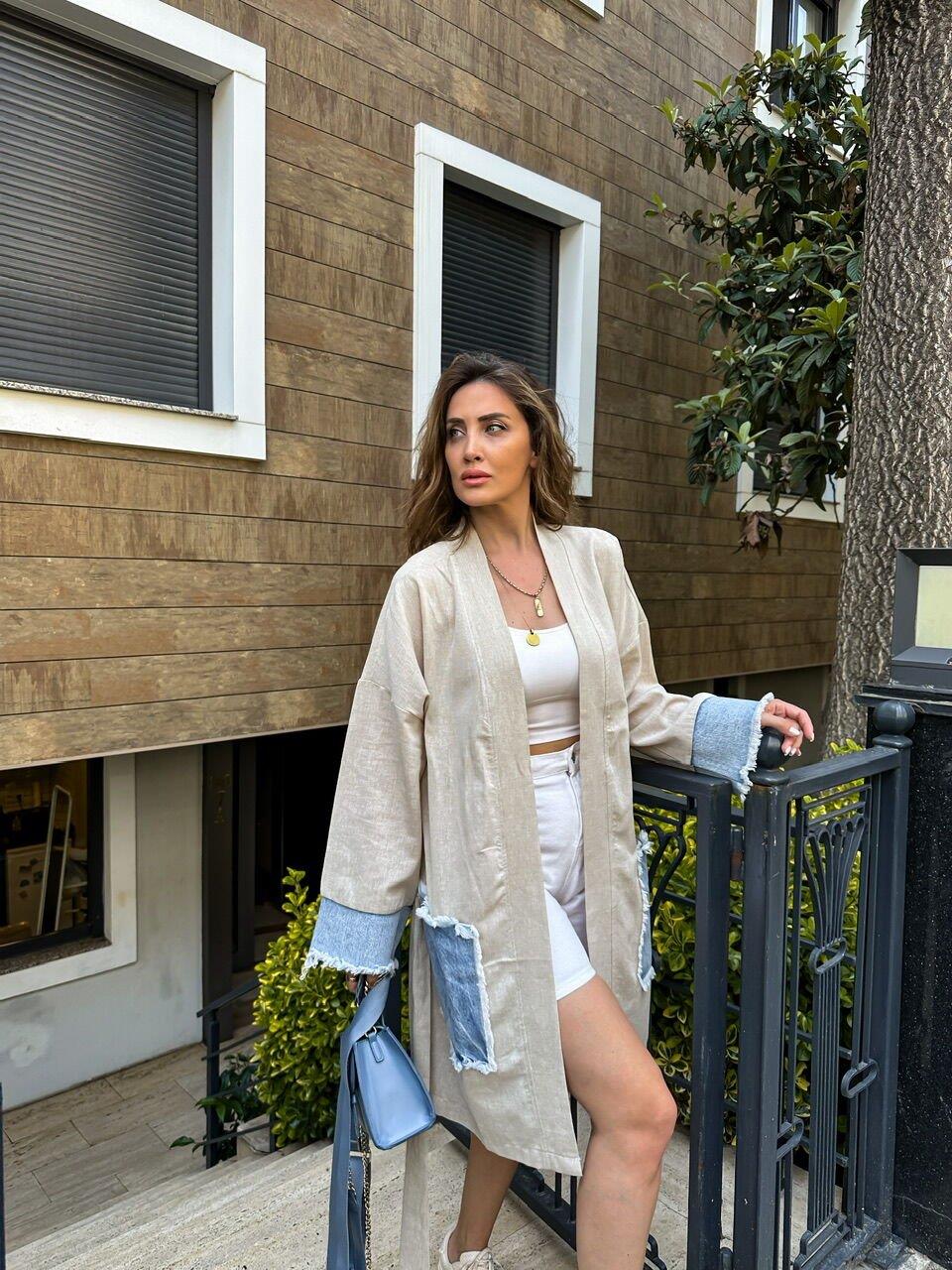 Krem Kot Cep Detaylı Kimono