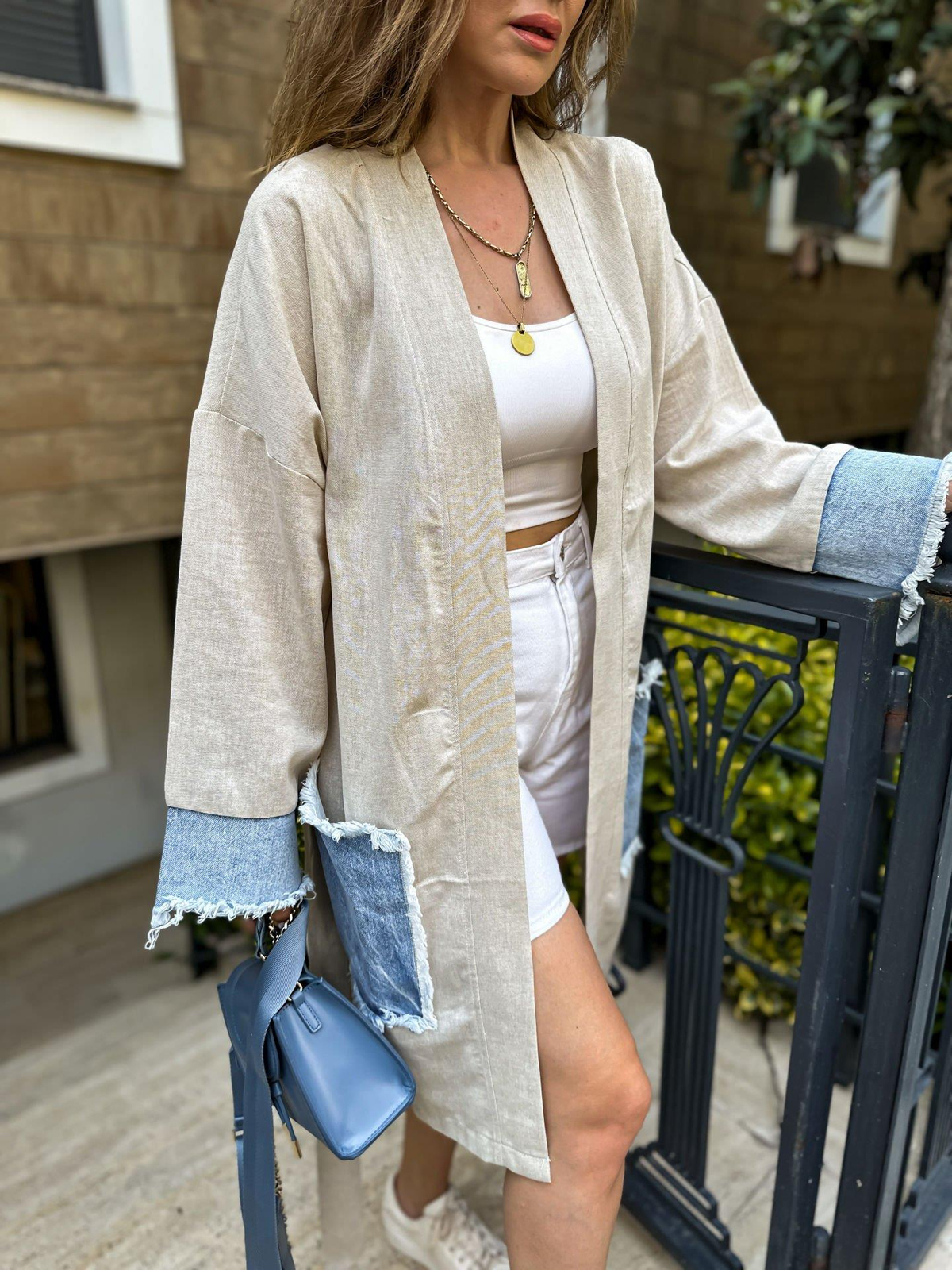 Krem Kot Cep Detaylı Kimono