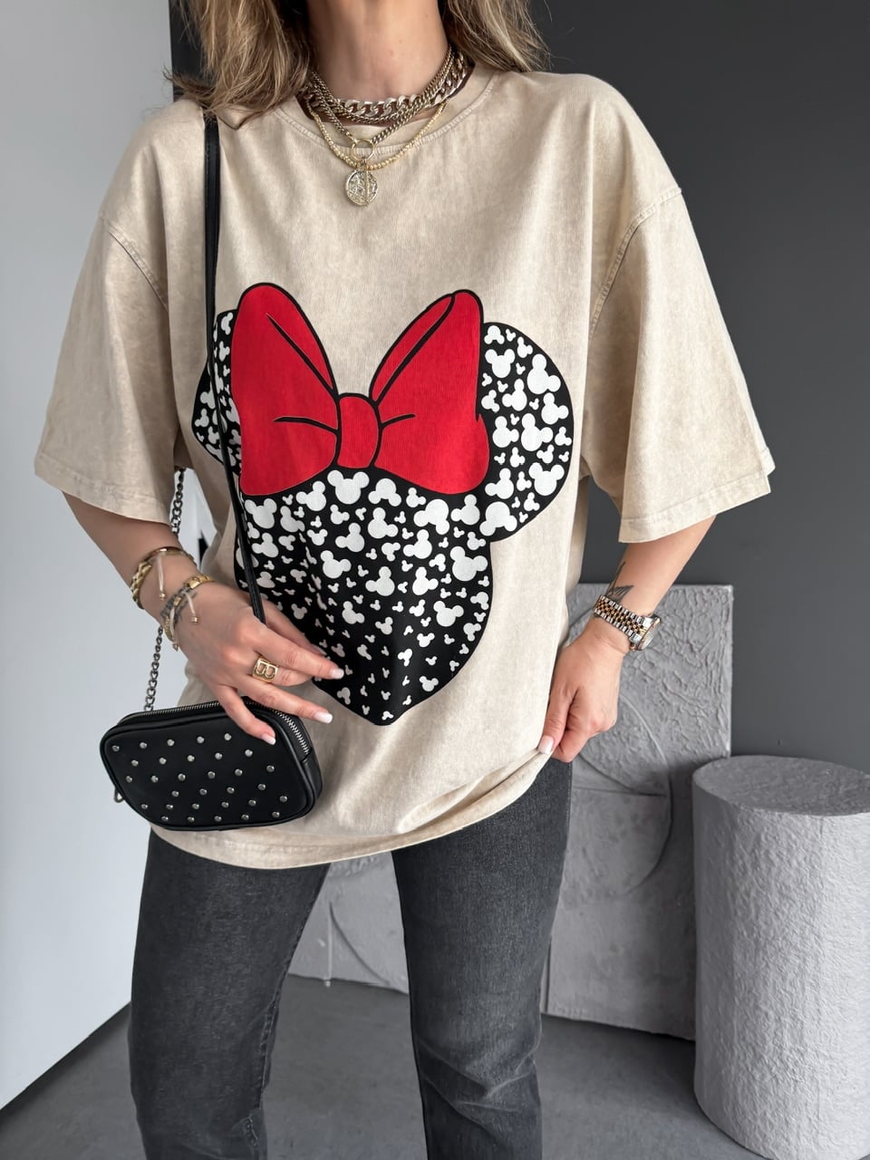 Krem Minie Fiyonklu Yıkamalı Tshirt