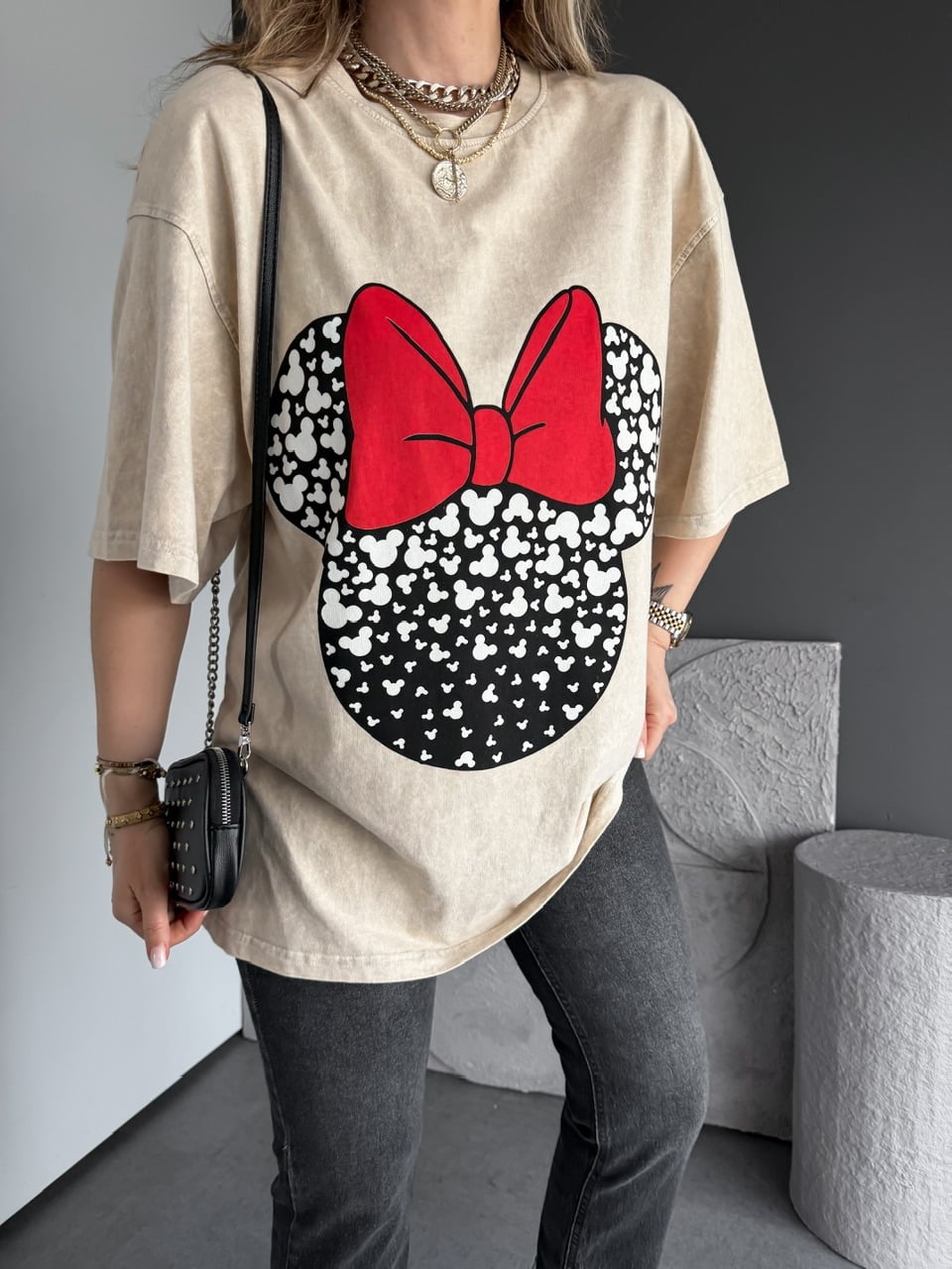 Krem Minie Fiyonklu Yıkamalı Tshirt