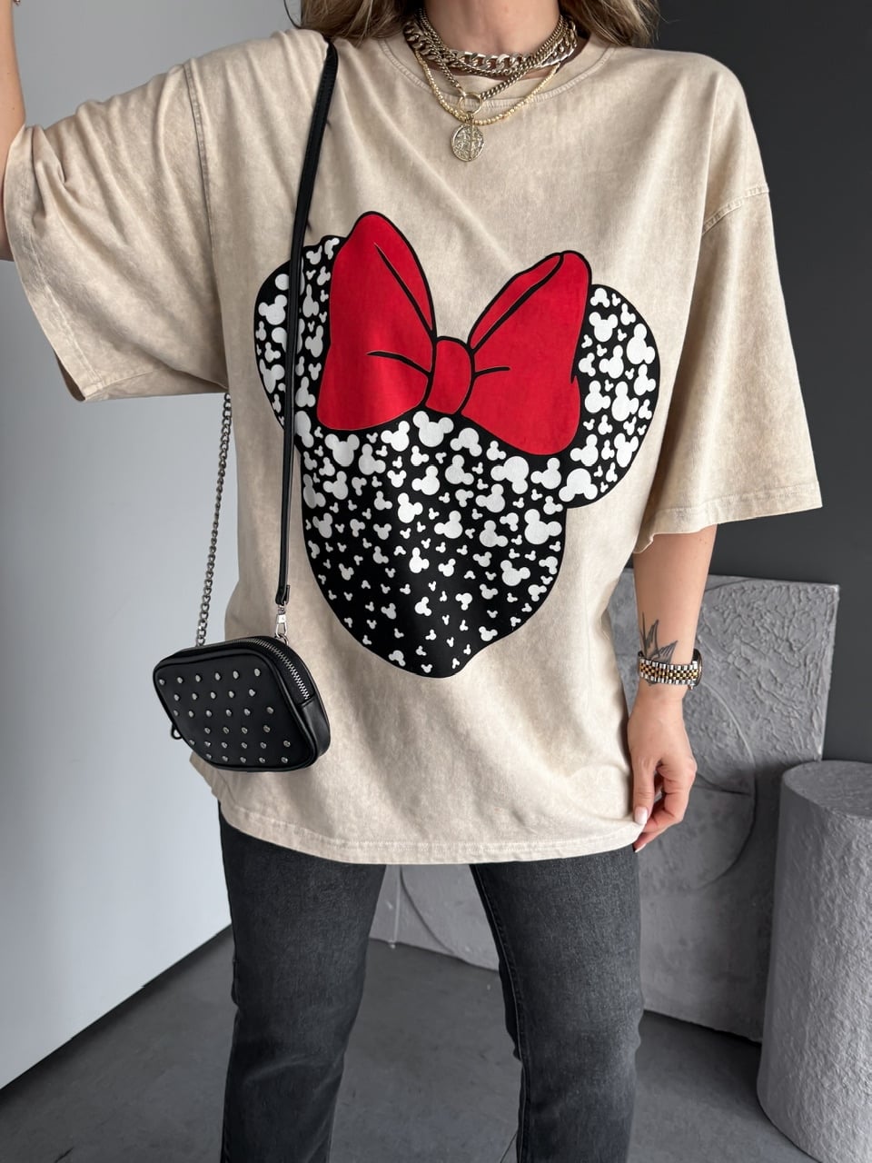 Krem Minie Fiyonklu Yıkamalı Tshirt