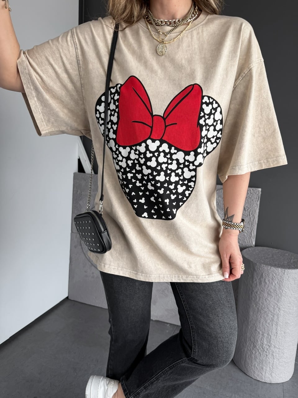 Krem Minie Fiyonklu Yıkamalı Tshirt