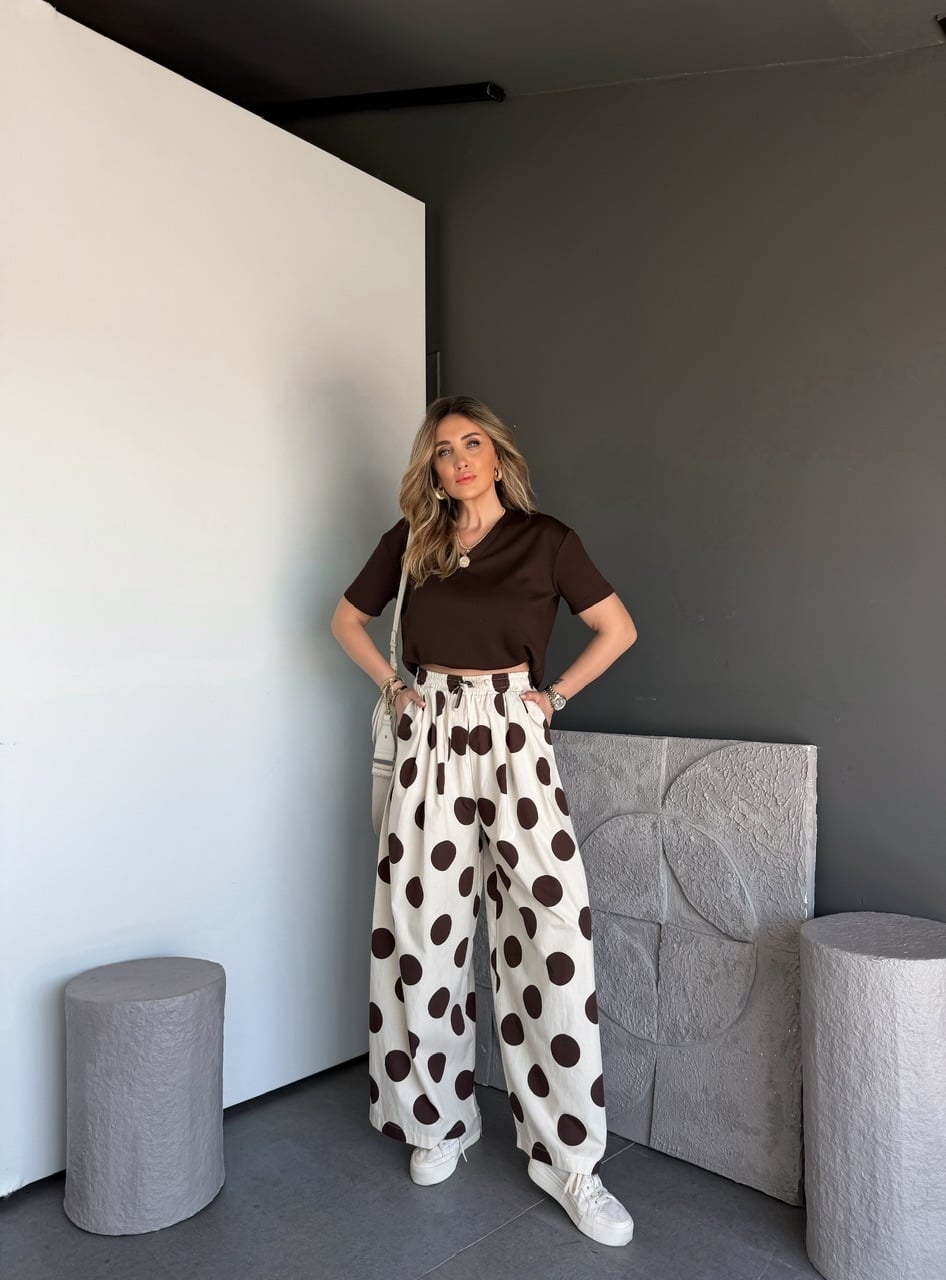 Krem Puantiyeli Beli Lastikli Poplin Pantolon