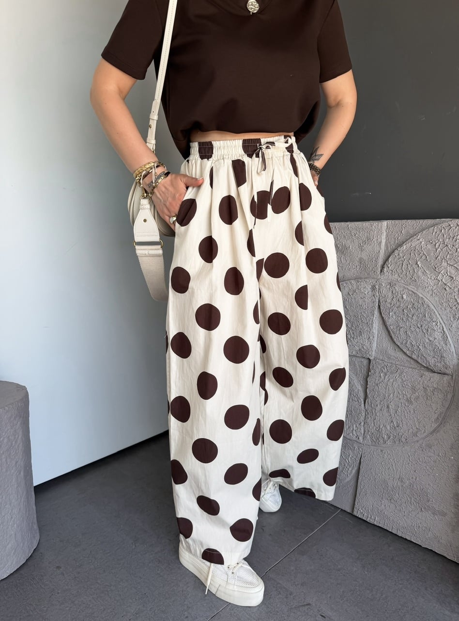 Krem Puantiyeli Beli Lastikli Poplin Pantolon