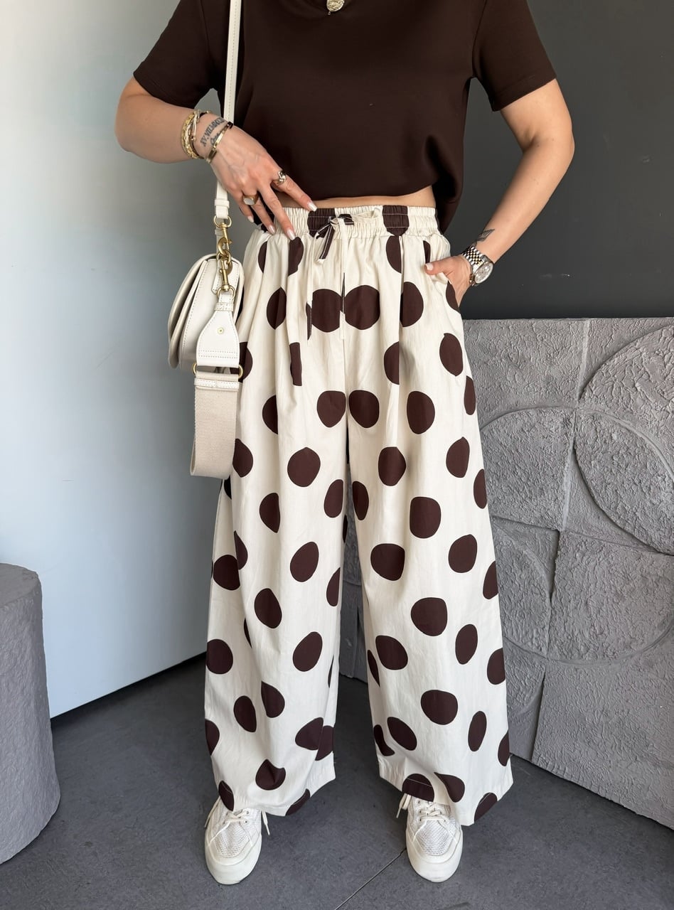Krem Puantiyeli Beli Lastikli Poplin Pantolon