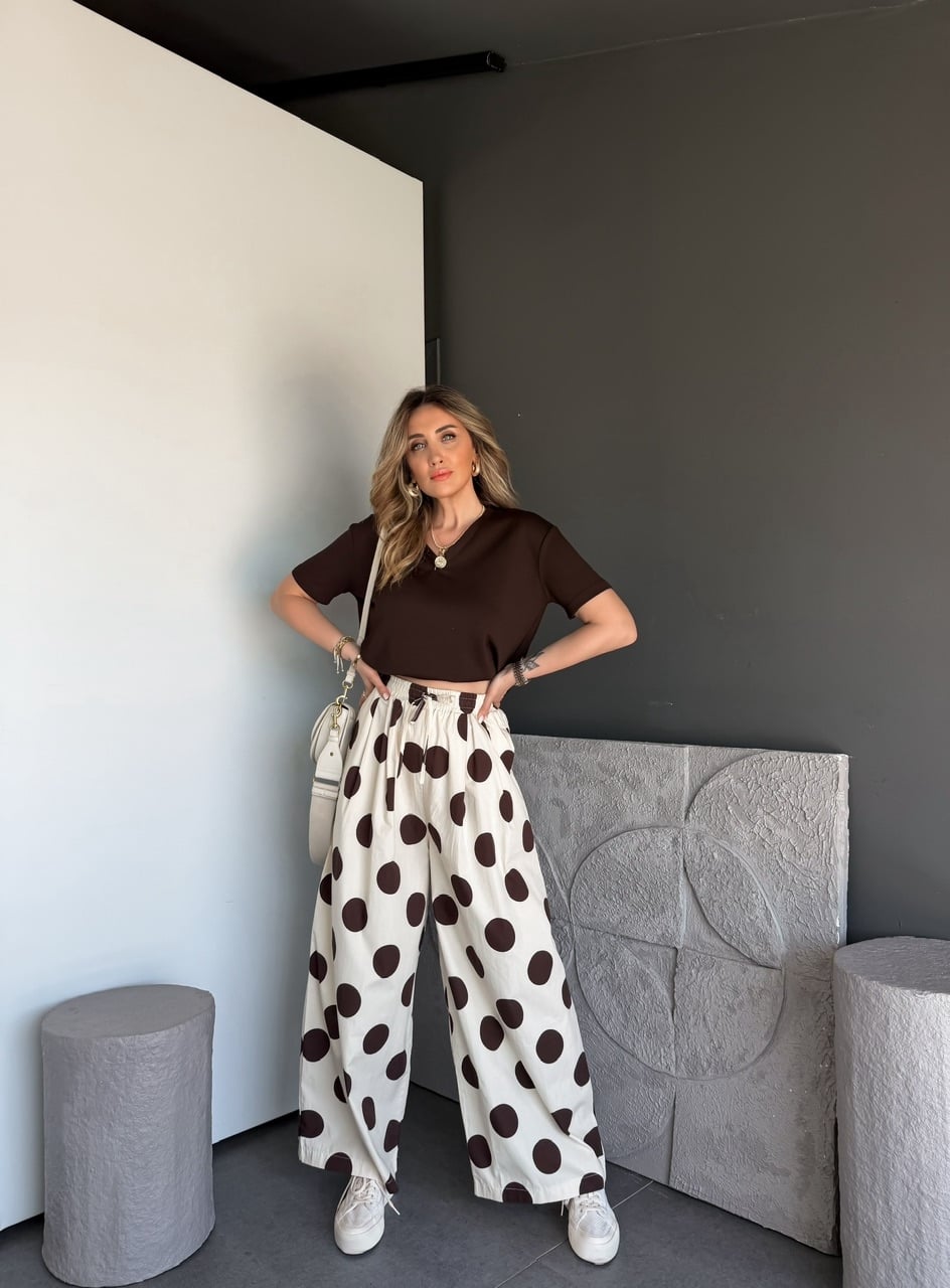 Krem Puantiyeli Beli Lastikli Poplin Pantolon