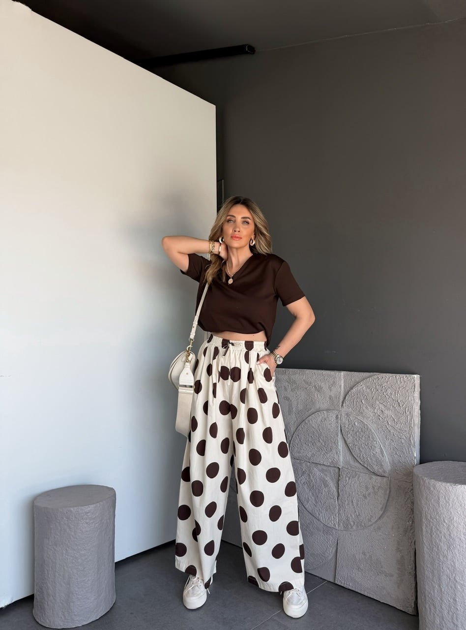 Krem Puantiyeli Beli Lastikli Poplin Pantolon